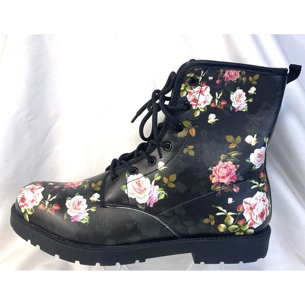 Unbranded Men's US 12 EU 46 Black Floral Design Ankle Combat Boots Lace-Up New